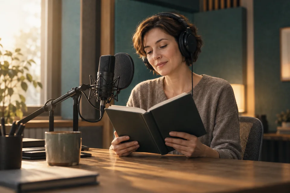 A narrator reading a book into a studio microphone