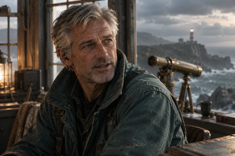 An expressive game character speaking in a coastal lighthouse