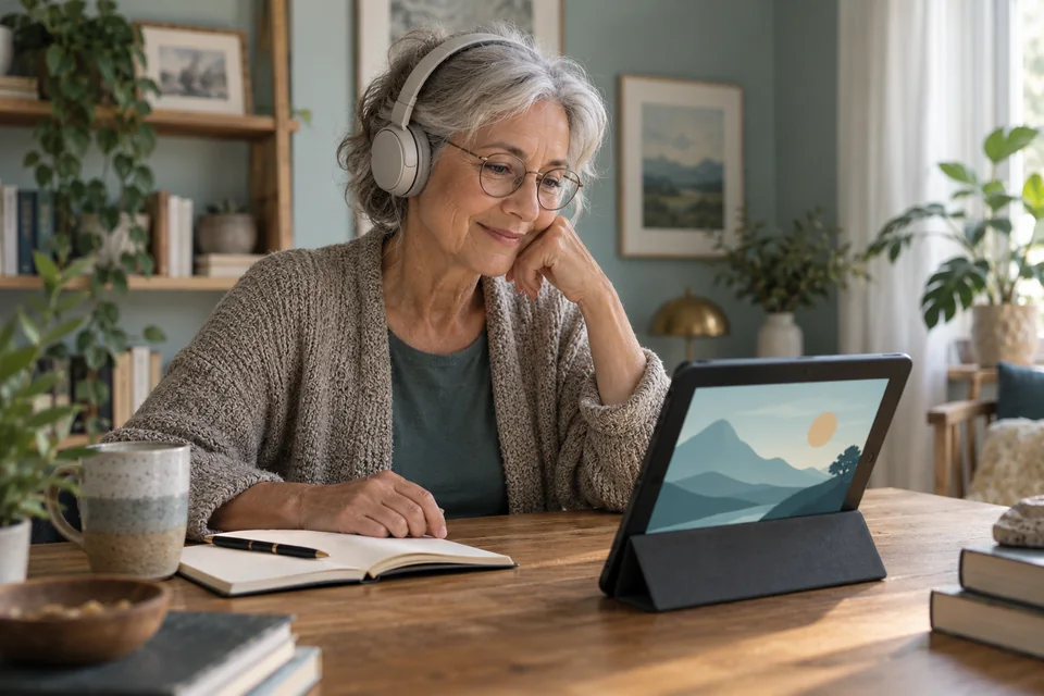 A learner following a tablet lesson with headphones