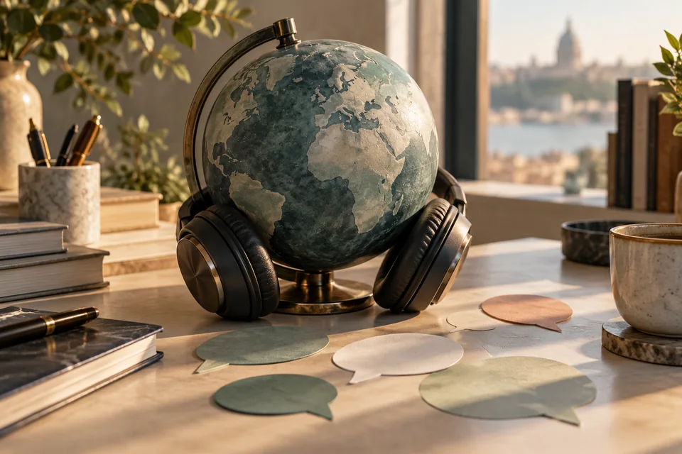 A globe with headphones in a multilingual voice workspace