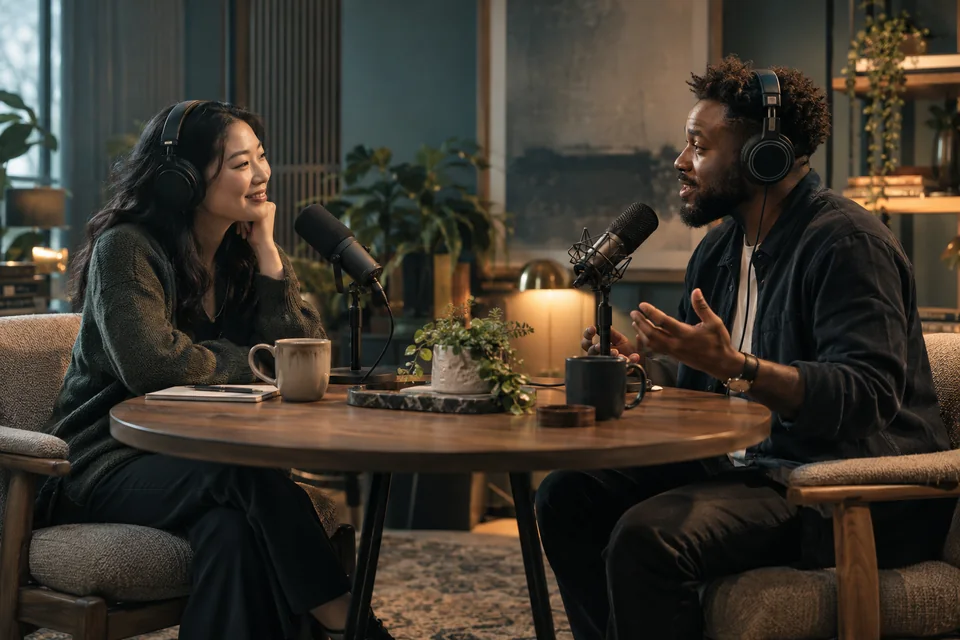 Two podcast hosts recording a conversation