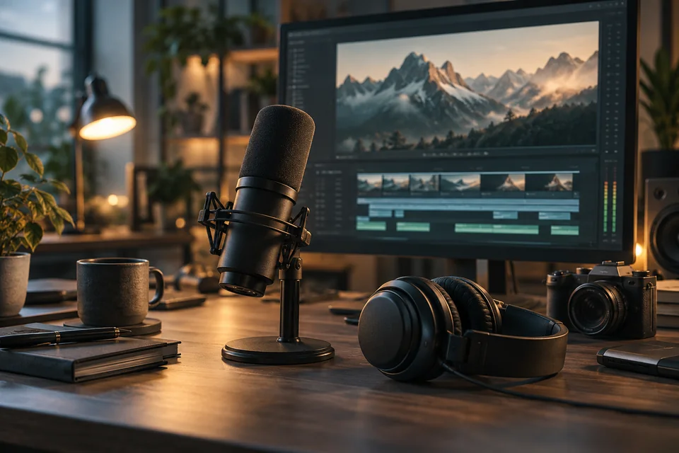 A microphone and video editing workstation